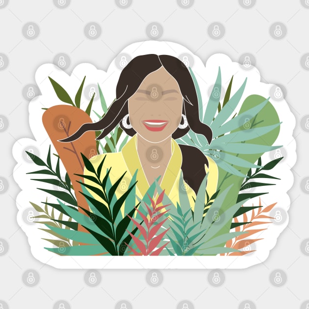 Laughing girl and big multicolored leaves Sticker by Nataliia1112